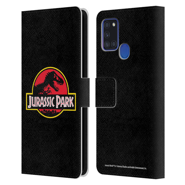 Jurassic Park Logo Plain Black Leather Book Wallet Case Cover For Samsung Galaxy A21s (2020)