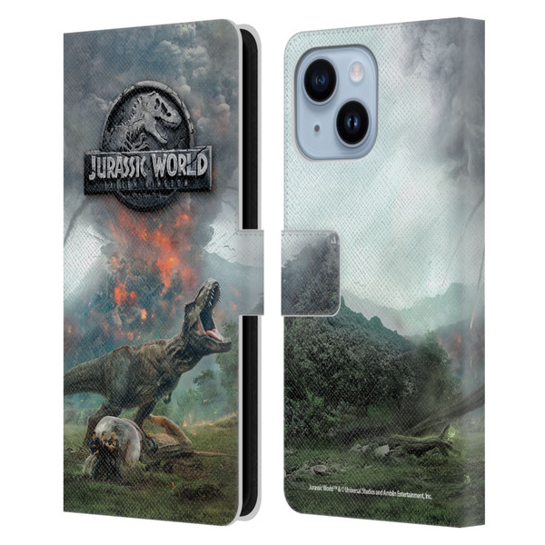 Jurassic World Fallen Kingdom Key Art T-Rex Volcano Leather Book Wallet Case Cover For Apple iPhone 14 Plus