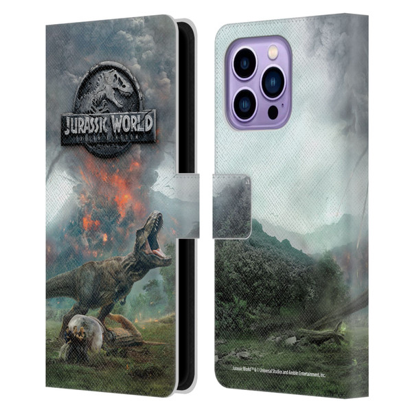 Jurassic World Fallen Kingdom Key Art T-Rex Volcano Leather Book Wallet Case Cover For Apple iPhone 14 Pro Max