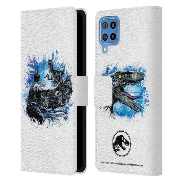 Jurassic World Fallen Kingdom Key Art Blue & Owen Distressed Look Leather Book Wallet Case Cover For Samsung Galaxy F22 (2021)