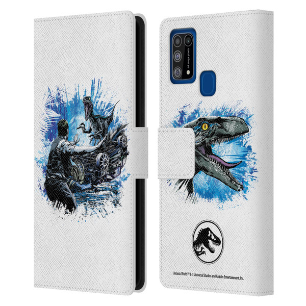 Jurassic World Fallen Kingdom Key Art Blue & Owen Distressed Look Leather Book Wallet Case Cover For Samsung Galaxy M31 (2020)