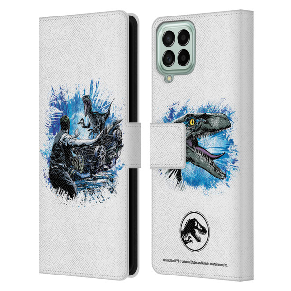 Jurassic World Fallen Kingdom Key Art Blue & Owen Distressed Look Leather Book Wallet Case Cover For Samsung Galaxy M33 (2022)