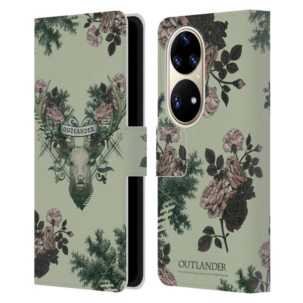 Outlander Composed Graphics Floral Deer Leather Book Wallet Case Cover For Huawei P50 Pro