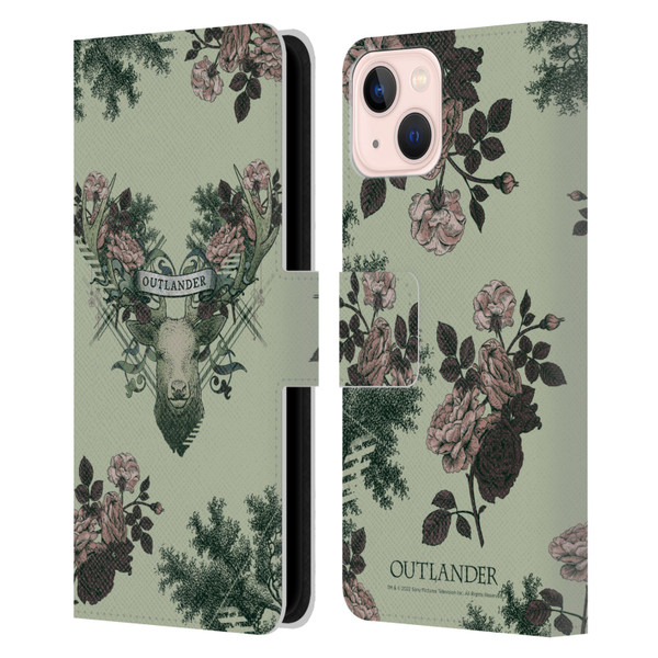 Outlander Composed Graphics Floral Deer Leather Book Wallet Case Cover For Apple iPhone 13