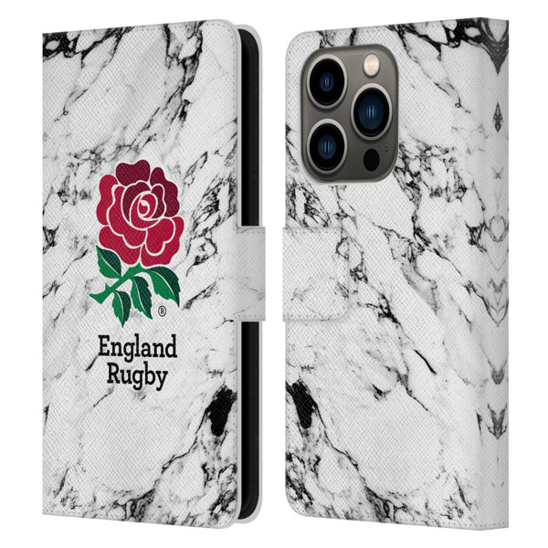 England Rugby Union Marble White Leather Book Wallet Case Cover For Apple iPhone 14 Pro