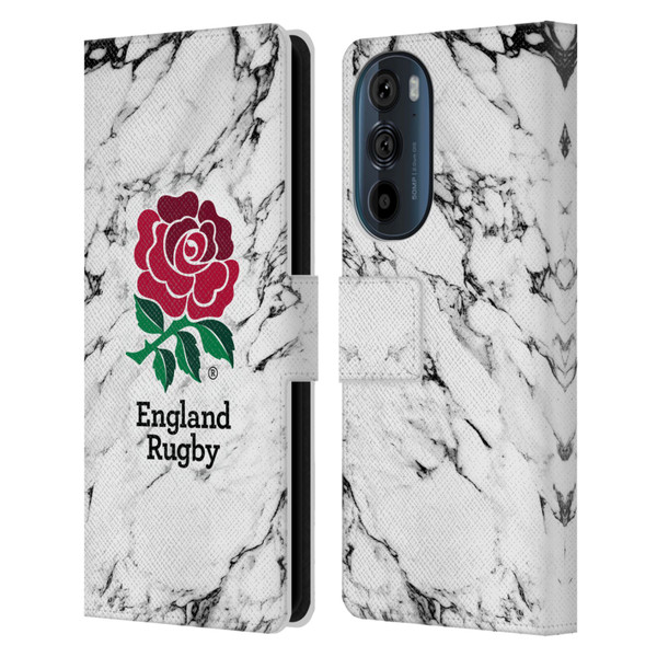 England Rugby Union Marble White Leather Book Wallet Case Cover For Motorola Edge 30