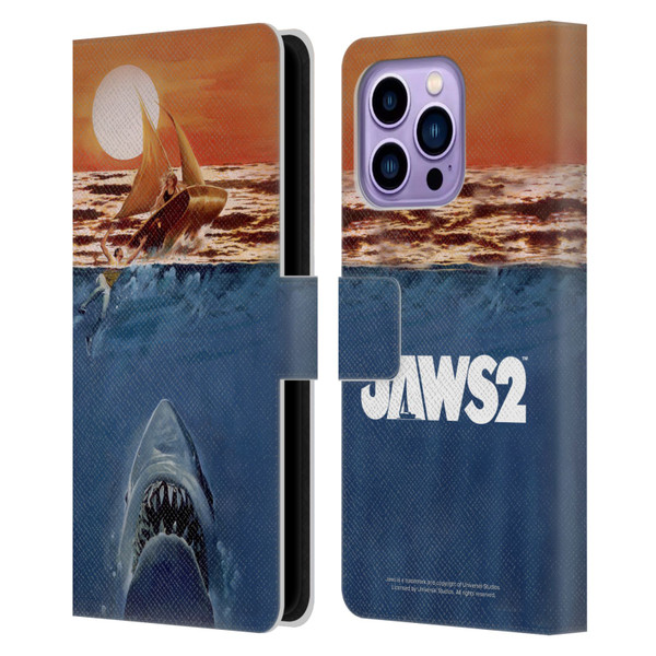 Jaws II Key Art Sailing Poster Leather Book Wallet Case Cover For Apple iPhone 14 Pro Max