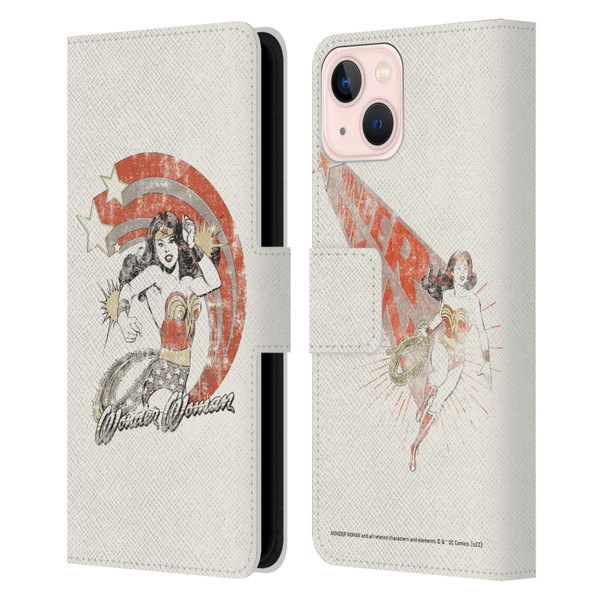 Wonder Woman DC Comics Vintage Art Distressed Leather Book Wallet Case Cover For Apple iPhone 13