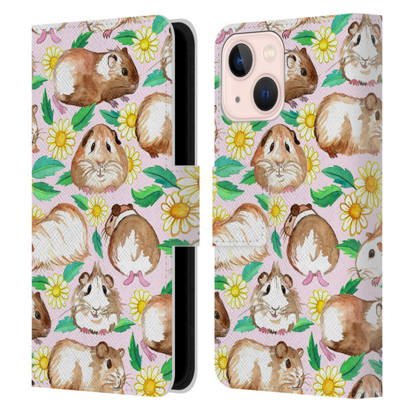Micklyn Le Feuvre Patterns 2 Guinea Pigs And Daisies In Watercolour On Pink Leather Book Wallet Case Cover For Apple iPhone 13 Mini
