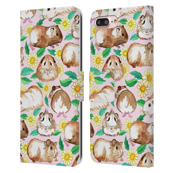 Micklyn Le Feuvre Patterns 2 Guinea Pigs And Daisies In Watercolour On Pink Leather Book Wallet Case Cover For Apple iPhone 7 Plus / iPhone 8 Plus