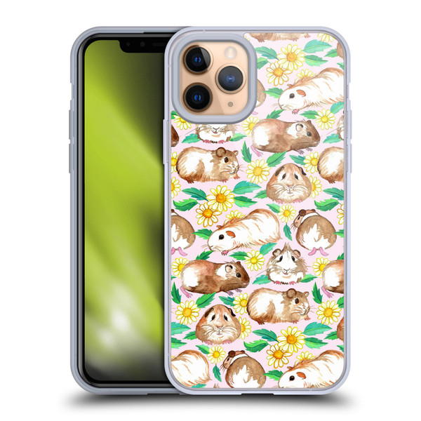Micklyn Le Feuvre Patterns 2 Guinea Pigs And Daisies In Watercolour On Pink Soft Gel Case for Apple iPhone 11 Pro