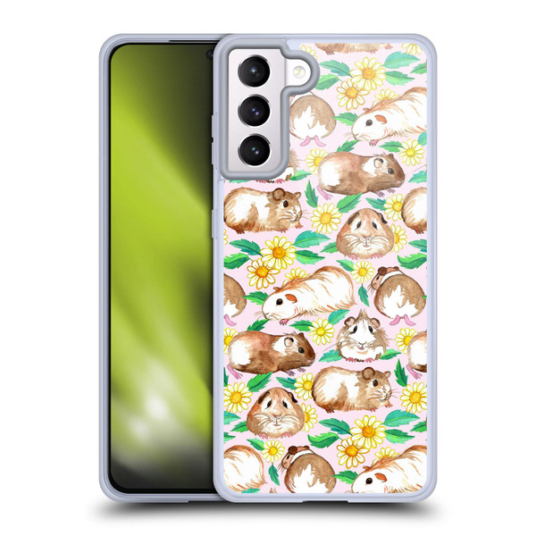 Micklyn Le Feuvre Patterns 2 Guinea Pigs And Daisies In Watercolour On Pink Soft Gel Case for Samsung Galaxy S21+ 5G