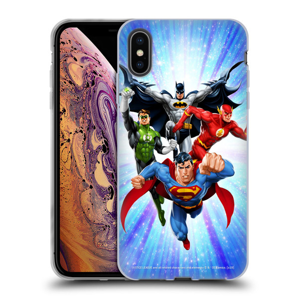 Justice League DC Comics Airbrushed Heroes Blue Purple Soft Gel Case for Apple iPhone XS Max