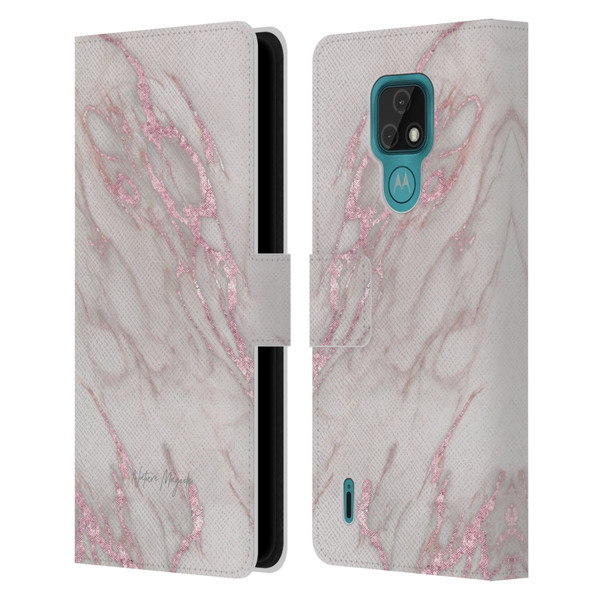 Nature Magick Marble Metallics Pink Leather Book Wallet Case Cover For Motorola Moto E7