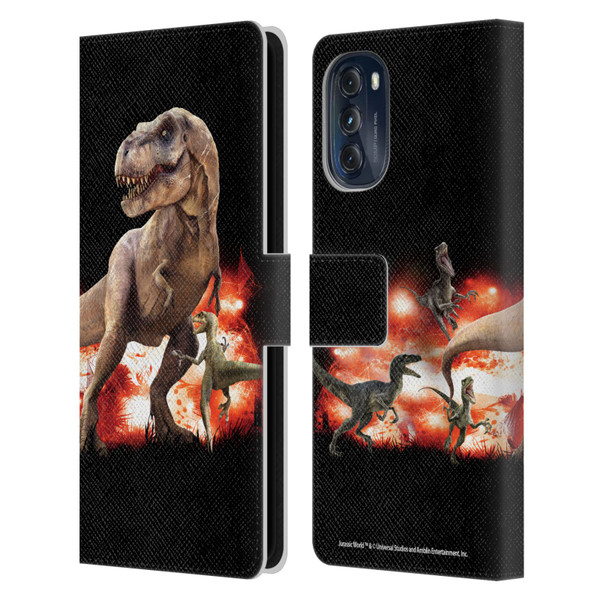 Jurassic World Key Art T-Rex VS. Velociraptors Leather Book Wallet Case Cover For Motorola Moto G (2022)