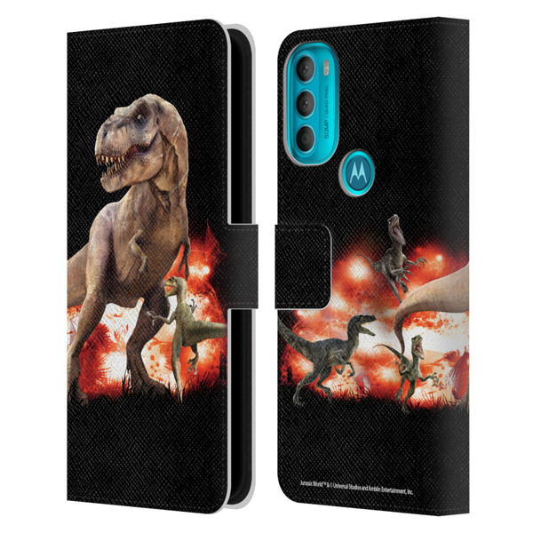 Jurassic World Key Art T-Rex VS. Velociraptors Leather Book Wallet Case Cover For Motorola Moto G71 5G