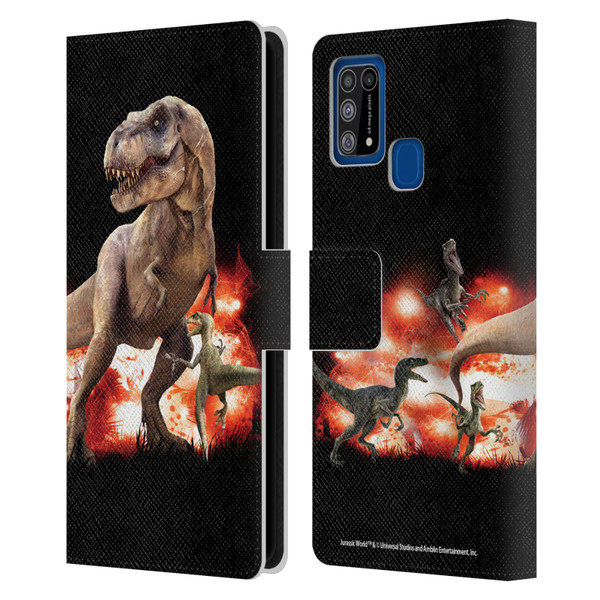 Jurassic World Key Art T-Rex VS. Velociraptors Leather Book Wallet Case Cover For Samsung Galaxy M31 (2020)