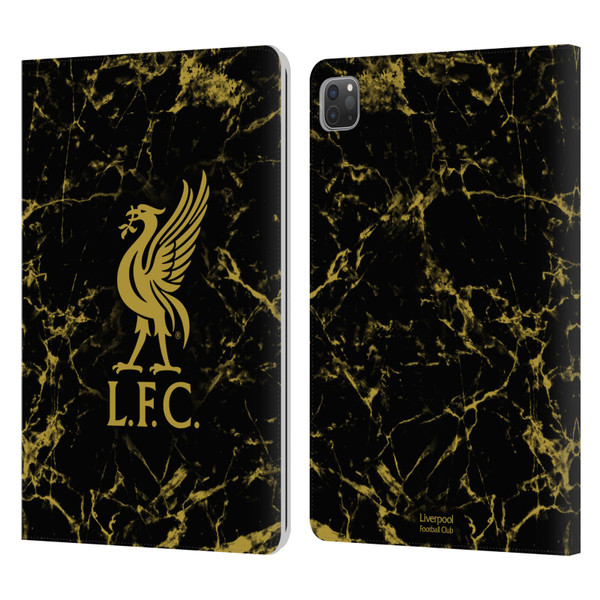 Liverpool Football Club Crest & Liverbird Patterns 1 Black & Gold Marble Leather Book Wallet Case Cover For Apple iPad Pro 11 2020 / 2021 / 2022