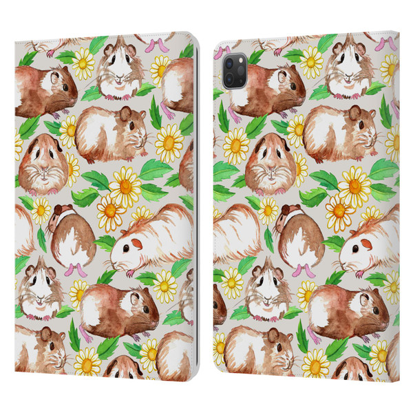 Micklyn Le Feuvre Patterns 2 Guinea Pigs And Daisies In Watercolour On Tan Leather Book Wallet Case Cover For Apple iPad Pro 11 2020 / 2021 / 2022