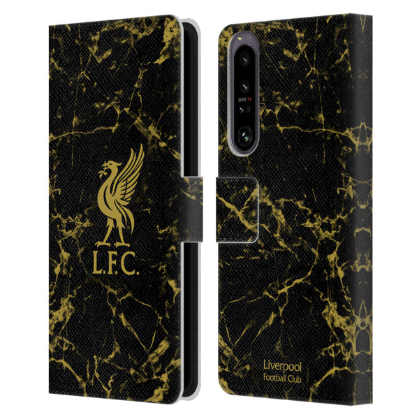 Liverpool Football Club Crest & Liverbird Patterns 1 Black & Gold Marble Leather Book Wallet Case Cover For Sony Xperia 1 IV