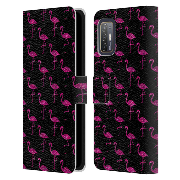 PLdesign Sparkly Flamingo Pink Pattern On Black Leather Book Wallet Case Cover For HTC Desire 21 Pro 5G