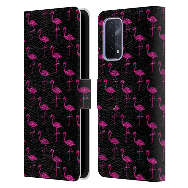 PLdesign Sparkly Flamingo Pink Pattern On Black Leather Book Wallet Case Cover For OPPO A54 5G