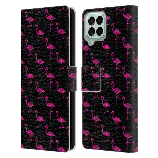 PLdesign Sparkly Flamingo Pink Pattern On Black Leather Book Wallet Case Cover For Samsung Galaxy M53 (2022)