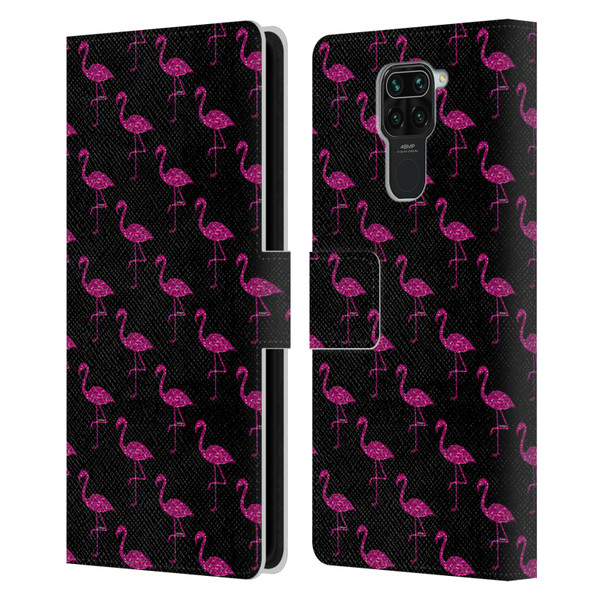 PLdesign Sparkly Flamingo Pink Pattern On Black Leather Book Wallet Case Cover For Xiaomi Redmi Note 9 / Redmi 10X 4G