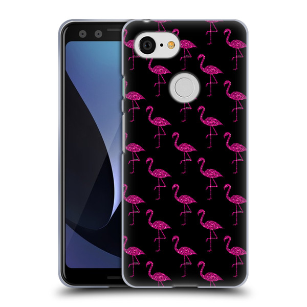 PLdesign Sparkly Flamingo Pink Pattern On Black Soft Gel Case for Google Pixel 3