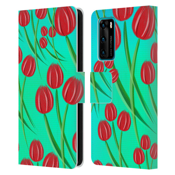 Grace Illustration Lovely Floral Red Tulips Leather Book Wallet Case Cover For Huawei P40 5G