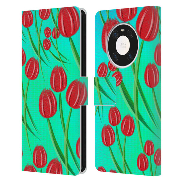 Grace Illustration Lovely Floral Red Tulips Leather Book Wallet Case Cover For Huawei Mate 40 Pro 5G