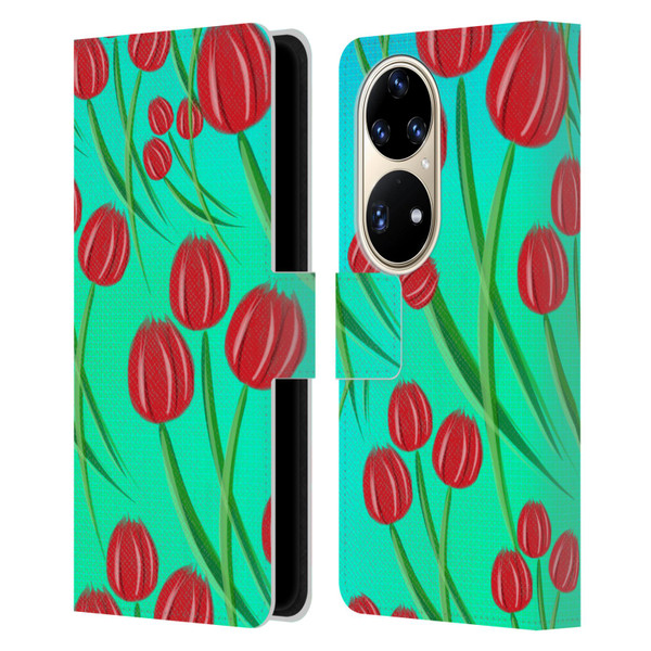Grace Illustration Lovely Floral Red Tulips Leather Book Wallet Case Cover For Huawei P50 Pro