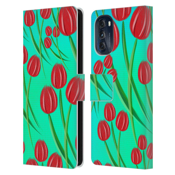 Grace Illustration Lovely Floral Red Tulips Leather Book Wallet Case Cover For Motorola Moto G (2022)