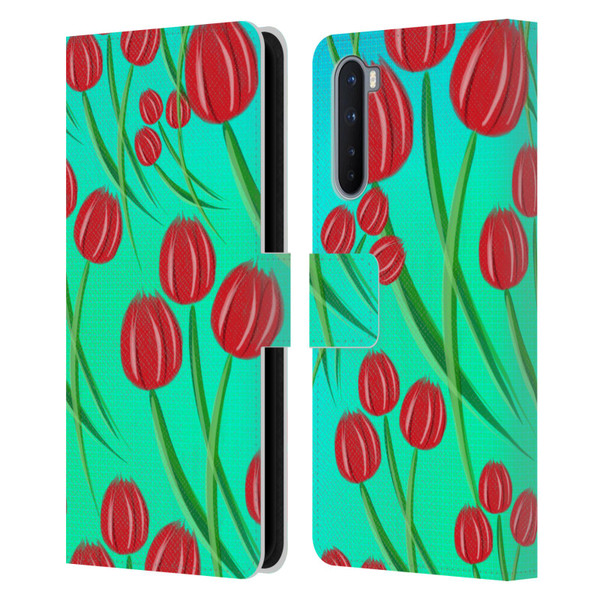 Grace Illustration Lovely Floral Red Tulips Leather Book Wallet Case Cover For OnePlus Nord 5G