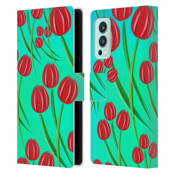 Grace Illustration Lovely Floral Red Tulips Leather Book Wallet Case Cover For OnePlus Nord 2 5G
