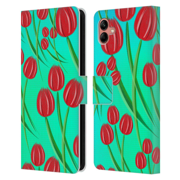 Grace Illustration Lovely Floral Red Tulips Leather Book Wallet Case Cover For Samsung Galaxy A04 (2022)