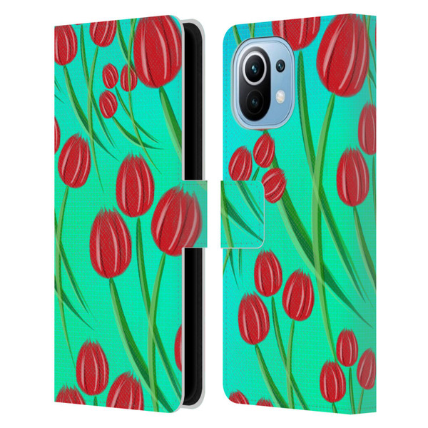 Grace Illustration Lovely Floral Red Tulips Leather Book Wallet Case Cover For Xiaomi Mi 11