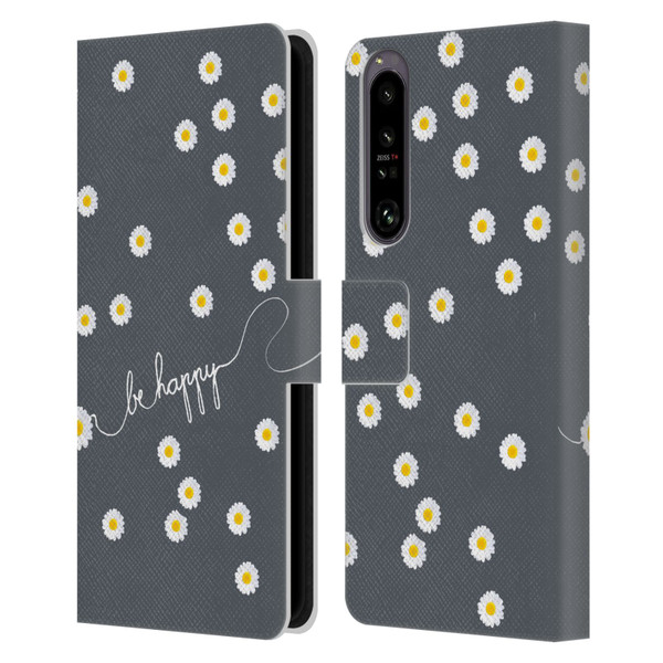 Monika Strigel Happy Daisy Grey Leather Book Wallet Case Cover For Sony Xperia 1 IV