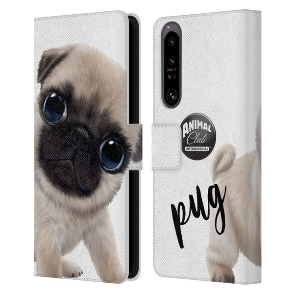 Animal Club International Faces Pug Leather Book Wallet Case Cover For Sony Xperia 1 IV