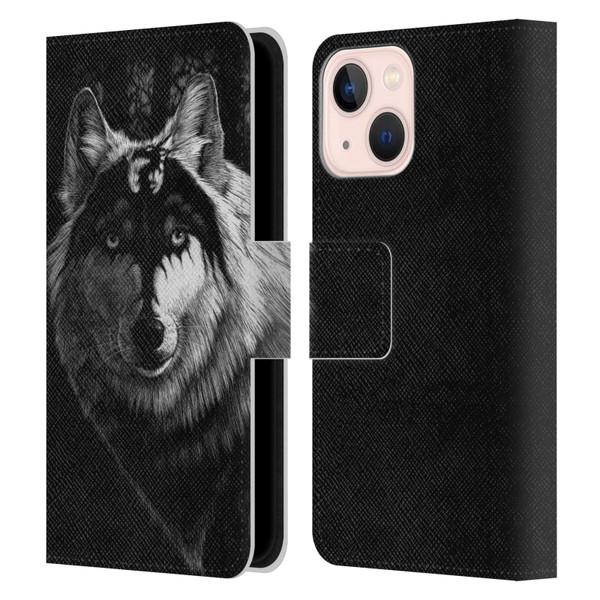 Stanley Morrison Black And White Gray Wolf With Dragon Marking Leather Book Wallet Case Cover For Apple iPhone 13 Mini