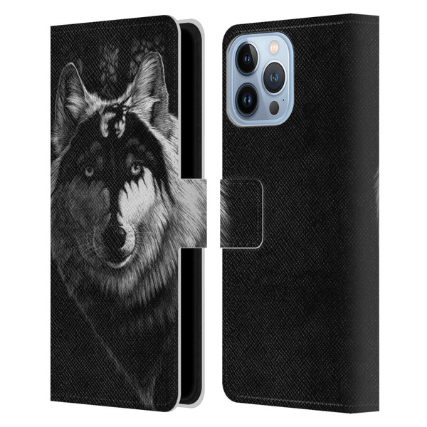Stanley Morrison Black And White Gray Wolf With Dragon Marking Leather Book Wallet Case Cover For Apple iPhone 13 Pro Max