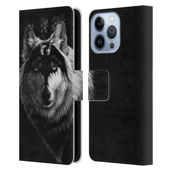 Stanley Morrison Black And White Gray Wolf With Dragon Marking Leather Book Wallet Case Cover For Apple iPhone 13 Pro
