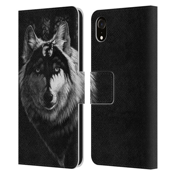 Stanley Morrison Black And White Gray Wolf With Dragon Marking Leather Book Wallet Case Cover For Apple iPhone XR