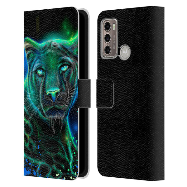 Sheena Pike Big Cats Neon Blue Green Panther Leather Book Wallet Case Cover For Motorola Moto G60 / Moto G40 Fusion