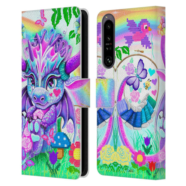 Sheena Pike Dragons Cross-Stitch Lil Dragonz Leather Book Wallet Case Cover For Sony Xperia 1 IV