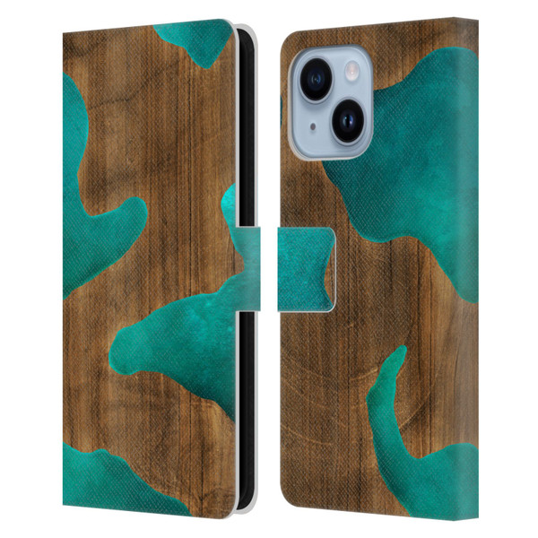 Alyn Spiller Wood & Resin Aqua Leather Book Wallet Case Cover For Apple iPhone 14 Plus