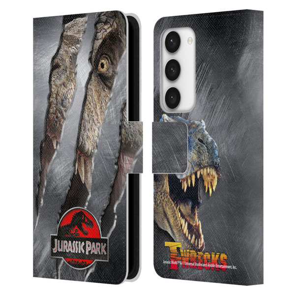 Jurassic Park Logo T-Rex Claw Mark Leather Book Wallet Case Cover For Samsung Galaxy S23 5G