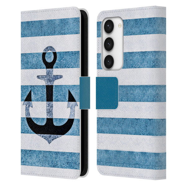 Monika Strigel Vintage Anchors Indigo Leather Book Wallet Case Cover For Samsung Galaxy S23 5G