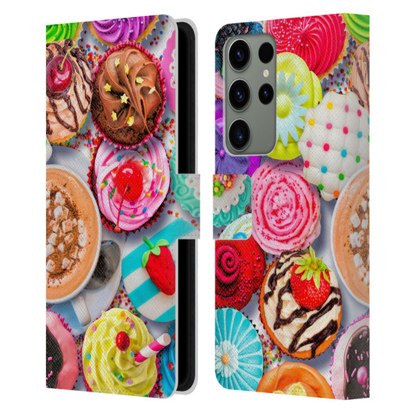 Aimee Stewart Colourful Sweets Cupcakes And Cocoa Leather Book Wallet Case Cover For Samsung Galaxy S23 Ultra 5G
