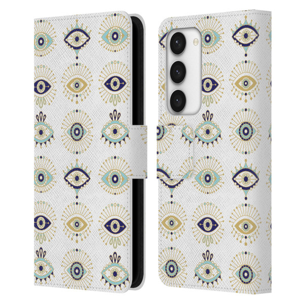 Cat Coquillette Linear White Evil Eyes Pattern Leather Book Wallet Case Cover For Samsung Galaxy S23 5G